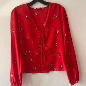Intermix red flowered blouse with tie front, Sz 8
